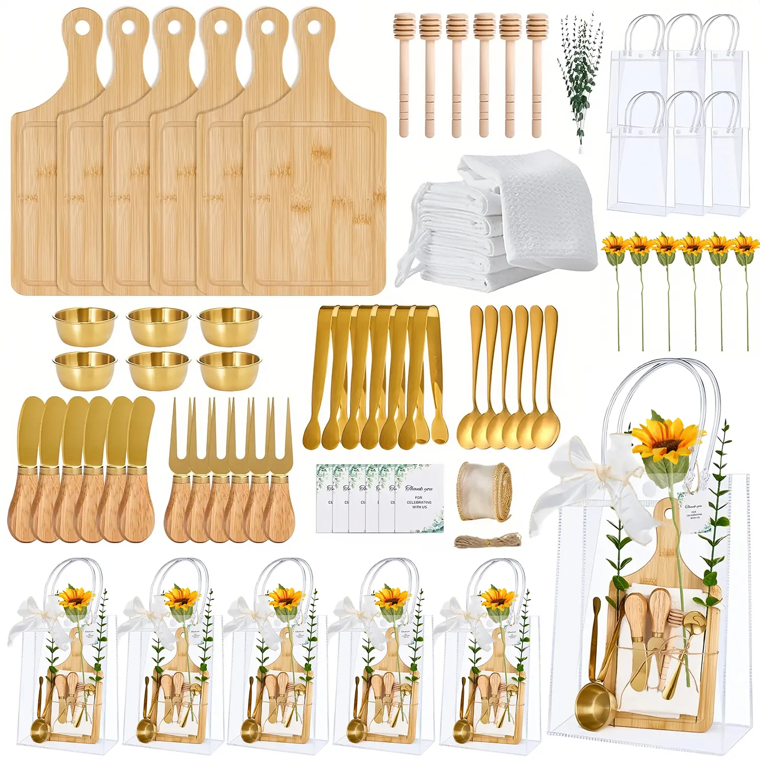 6 Sets 80PCS Cheese Board Tableware Set with Honey Dipper, Charcuterie Utensils, Towel Cards & Gift Bags - Elegant Game Winner Prizes, Wedding Favors Supplies