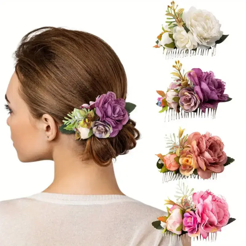 4PCS Artificial Rose Flowered Metal Hair Side Comb Slide, Bridal Hair Clip Accessory with Large Rose for Wedding, Ladies' Floral Headdress for Bridesmaids and Flower