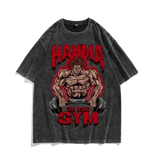 European and American washed old retro animation, Fanma edged teeth Baki Hanma American high street Yujiro 7short-sleeved T-shirt