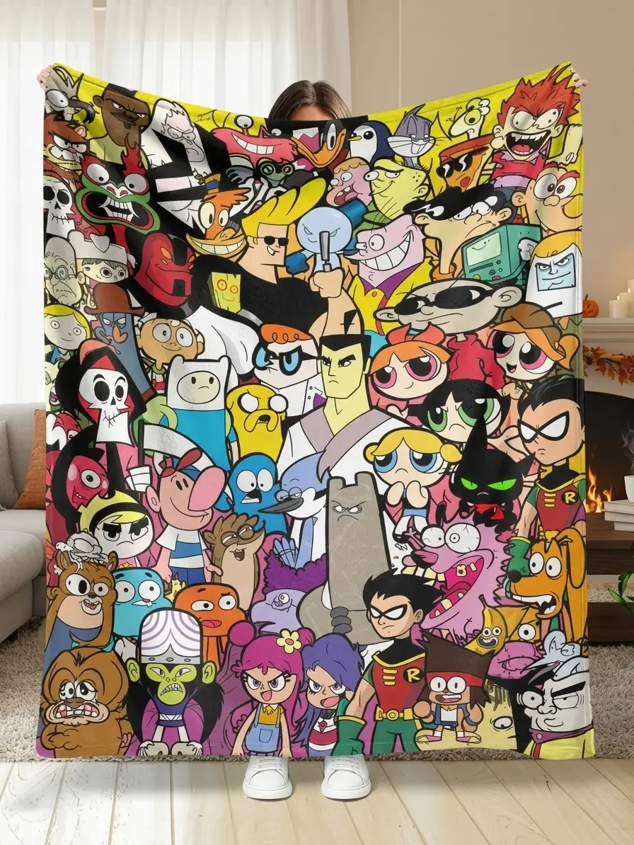 #Flannel Blanket Cartoon Collage - Iconic retro and pop culture character prints, breathable, soft and comfortable throw blanket, living room decoration sofa blanket, travel gift, great choice for your own use or as a gift for friends and family