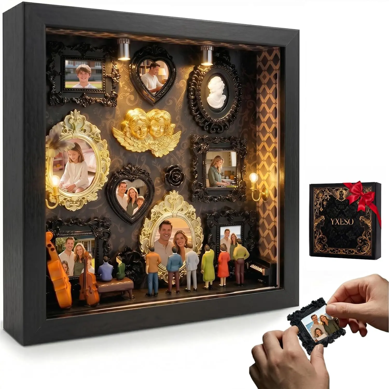 DIY Mini Museum Silhouette Photo Frame Set - Gold Mini Picture Frames with People Figurines Shadow Box, Create a Unique Memory Display for Mother's Day Gift, Home Decor