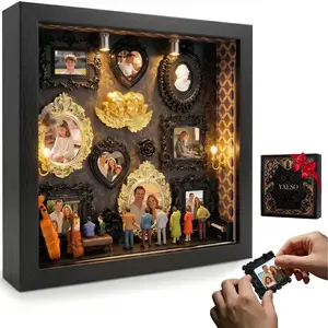 DIY Mini Museum Silhouette Box for Mother's Day, Shadow Box Frame with Gold Mini Picture Frames & People Figurines for Anniversary, Home Decor