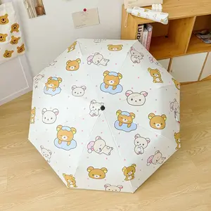 Lovely Pink Rilakkuma Umbrella Three Fold Eight Ribs Foldable Auto Umbrella UV Protection Sun Protection Sunshade Umbrella Sun U