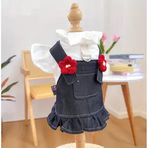 Small Breed Dog & Cat Faux Denim Dress with Red Flower Accents, Knit Fabric, Polyester, Button Closure, with Machine Washable Pet Princess Dress Harness Skirt for Pets