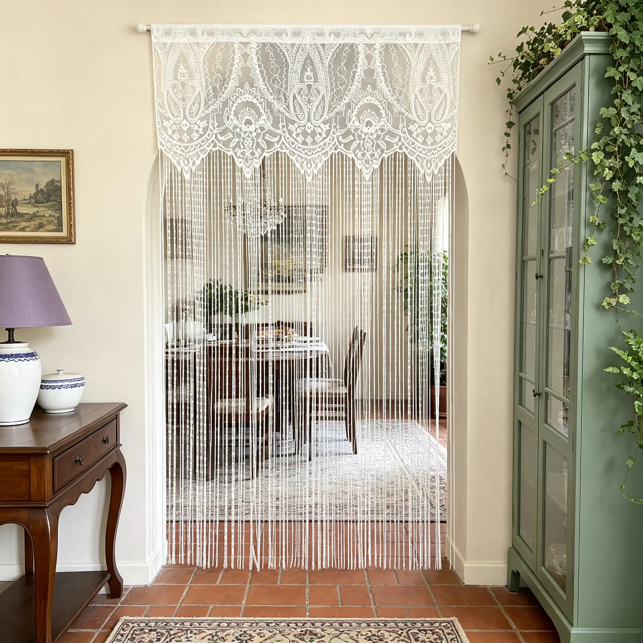 1 PC Macrame Lace Curtain For Dining Room White Sheer- Rod Pocket Top, Breathable Decorative Detail, Soft Privacy Without Blocking Light, Classic String Wall Divider for Living Room, 39x78 in (Curtain Rod Not Included)