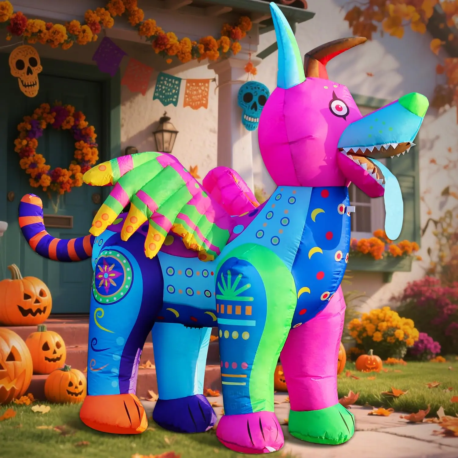 6 FT Colorful Mexican Folk Art Day of the Dead Alebrije Spirit Dog Inflatable Holiday Decor, Built-in LED Lights, Outdoor Garden Lawn Blow-Up Decoration (Novelty Toy)
