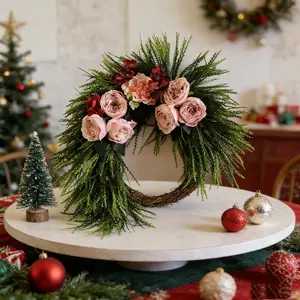 Elegant Country Style Wreath, Light Roses with Juniper Leaves and Burgundy Flowers, All-Season Porch and Entrance Decoration