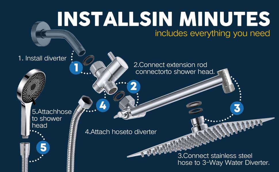 Shower Head,8”Rain Shower Head with Handheld Spray Combo with 11'' Angle Adjustable Extension Arm/Flow Regulator/Shower System,High Pressure Rainfall Shower Head Bathroom,Chrome