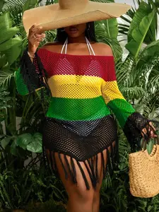 【Plus Size】Women's Summer Sexy One Shoulder Fringe Design Hollow Out Long Knit Sweater, Fashion Casual Loose Fit Pullover Top for Women
