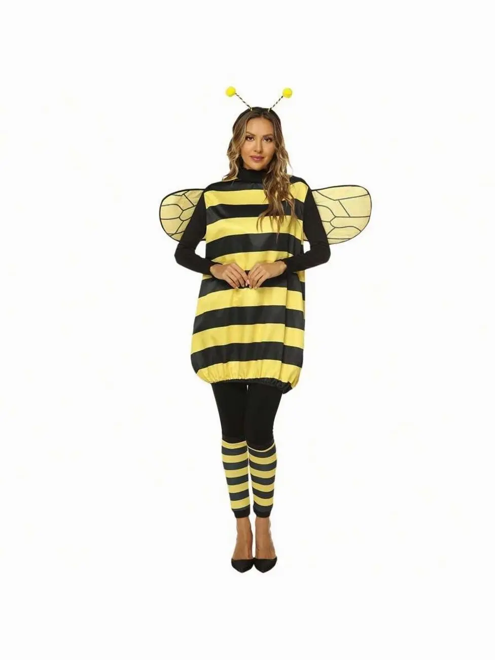 Women's Bee Cosplay Costume Set, Bee Dress With Wings, Headband, And Leg Sleeves, Cute And Elegant, Halloween Role-Playing Accessories