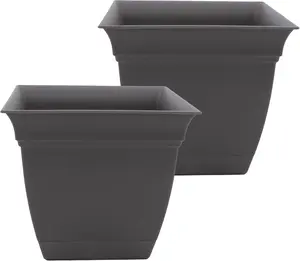 The HC Companies Eclipse Square Plastic Planter w/Attached Saucer - Outdoor & Indoor Plant Pot with Drainage Holes - Lightweight, UV-Resistant Plastic Pots for Plants (12" Warm Gray, Pack of 2)