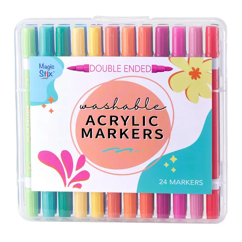 NEW! Magic Stix, Double-Ended Washable Acrylic Markers– Dual Tip (Bullet + Fine), 24 Pack