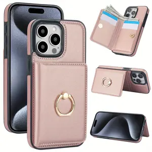 iPhone 16 15 Pro Max 16 Plus Durable Shockproof Wallet Case - 360° Rotation Ring Kickstand Magnetic Clasp with Card Holder