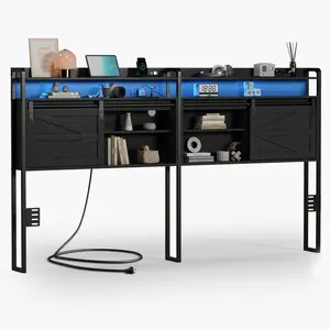 Linor Queen King Size Headboard with Storage, 3 Tier, LED Light, Sliding Barn Doors, Width Adjustable (Rustic Brown) (Rustic Black)