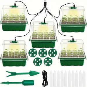 5-Pack Rectangular Plastic Mini Propagator Kit, Classic Grid Pattern Seed Starter Trays with 12 Cells per Tray, USB Powered Grow Light, Humidity Domes, Drainage Holes for Indoor Greenhouse Plant Germination