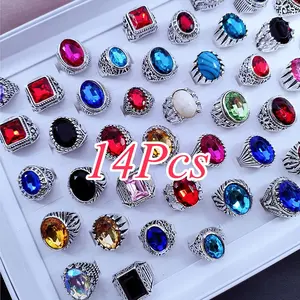 14Pcs Men's Vintage Middle Eastern Exaggerated Rings, Bold Mixed Style All-Match Finger Jewelry