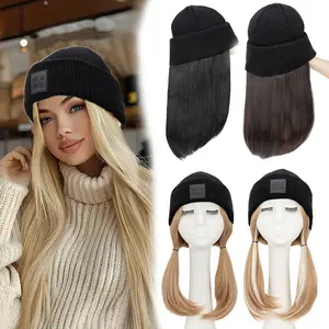 11/18" Knitted Hat Wig Beanie With Long Straight & Wave Curly Synthetic  High Temperature Fiber Hair Extensions for Women Hat Wigs