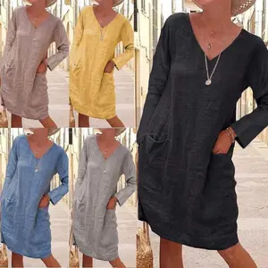 European and American style independent station casual autumn and winter loose solid color pocket long sleeved V-neck cotton and linen dress women's carnival women's clothing