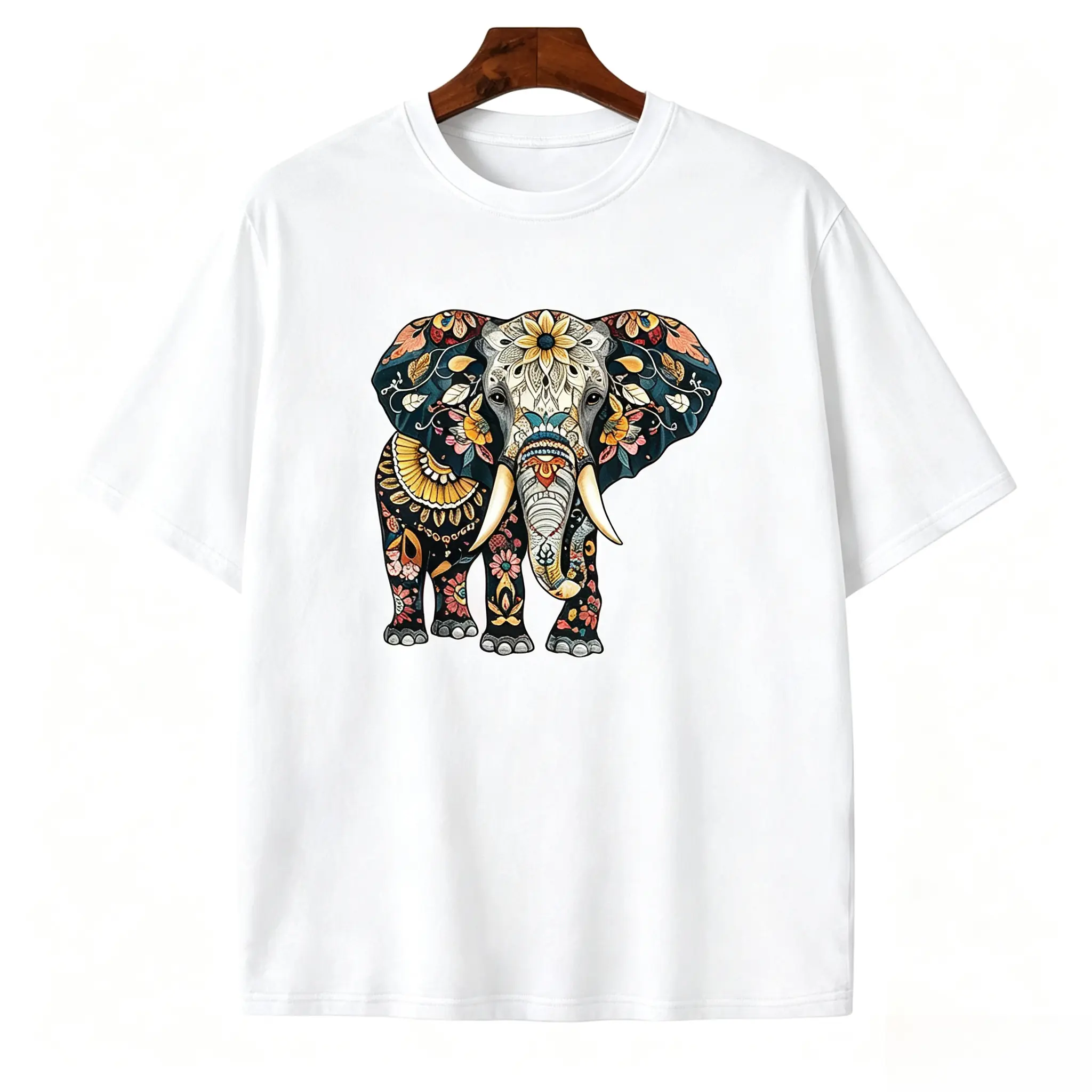 Elephant Graphic T-Shirt, Boohoo Style Tee, Elephant Mandala Art Shirt, Eco-Friendly Top, Nature-Inspired Top, Floral Design Shirt