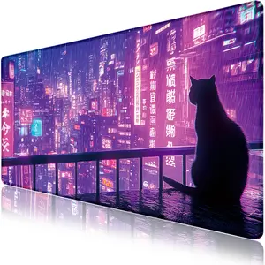 5FOX Neon Cat XL Anime Mouse Pad 27.5"x11.8" – Purple Cyberpunk Desk Mat, Aesthetic Gaming Mousepad, Non-Slip, Gift for Otakus