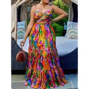 Plus Size Casual Allover Print Maxi Slip Dress – Cutout Design for Spring & Summer – Women’s Clothing Fabric: Polyester – Women’s Wear – Colored Collar