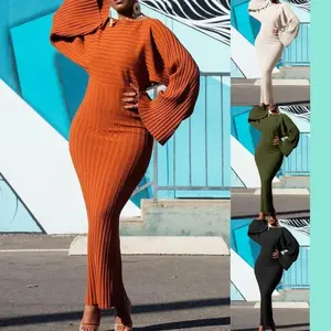 Women's Clothing Winter Long Sleeve Solid Color Ribbed Hip Dress