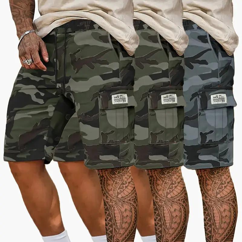 Camouflage Twill Pocket Shorts Three-Piece Set Men's Casual Khaki Green Black Trousers Suitable For Daily Wear Outfit Menswear mens shorts shorts for summer essential shorts bop shorts Breathable Drawstring Shorts streetwear sport