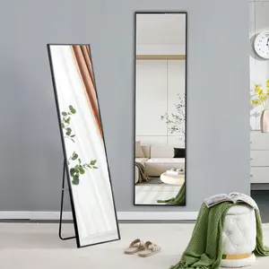 Aluminum alloy metal frame wall-mounted full-length mirror, Bathroom vanity mirror, bedroom porch, decorative mirror, clothing store, floor-to-ceiling mirror, black 65 * 22.8". Light