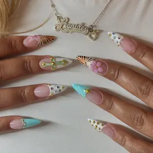 Vibrant Freestyle Tiger & Gemstone Cross Press On Nails | by NailLyra | Handmade Reusable Set