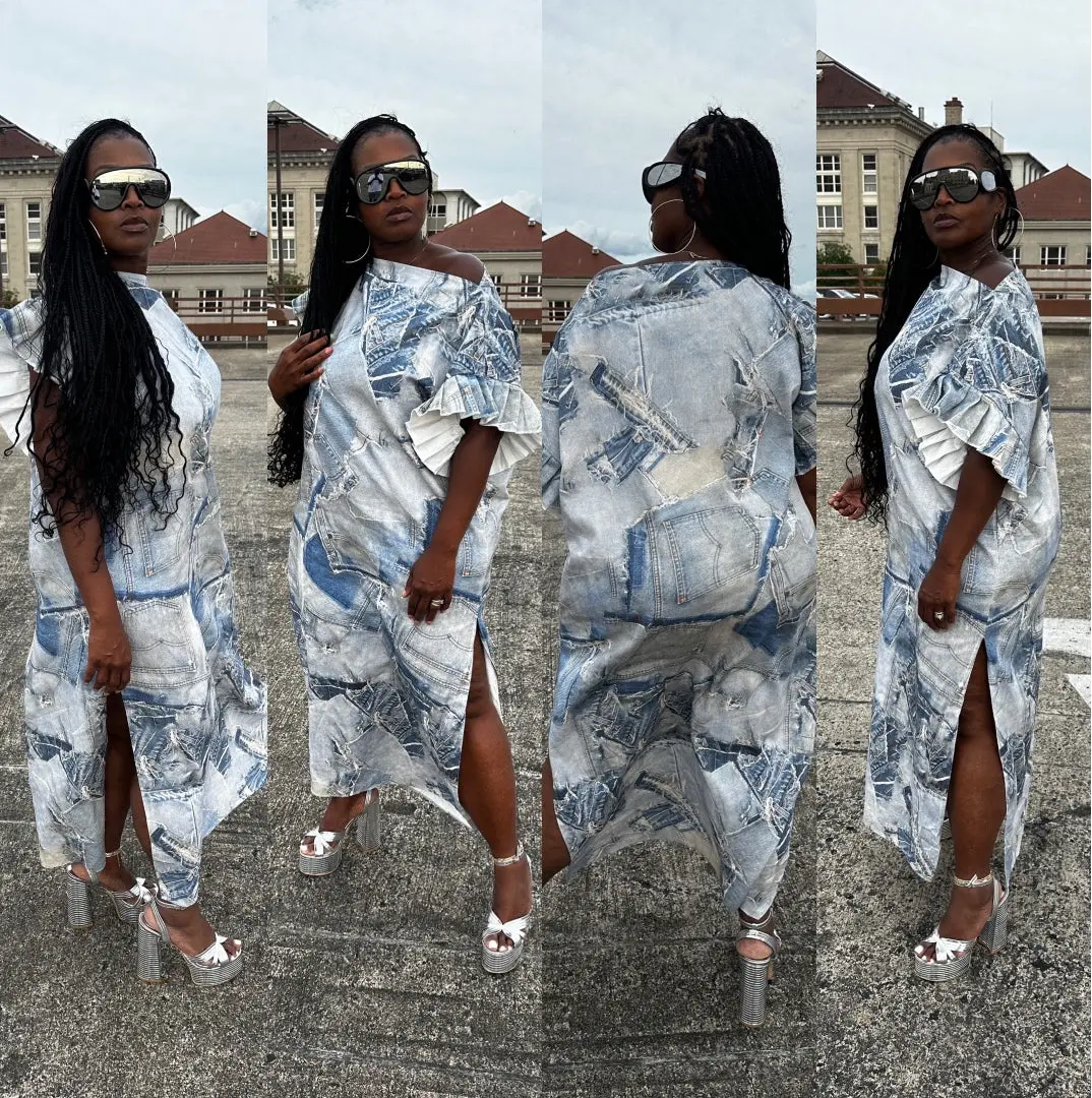RESTOCKED PATCHWORK DENIM DISTRESSED ILLUSION SPLIT MAXI DRESS