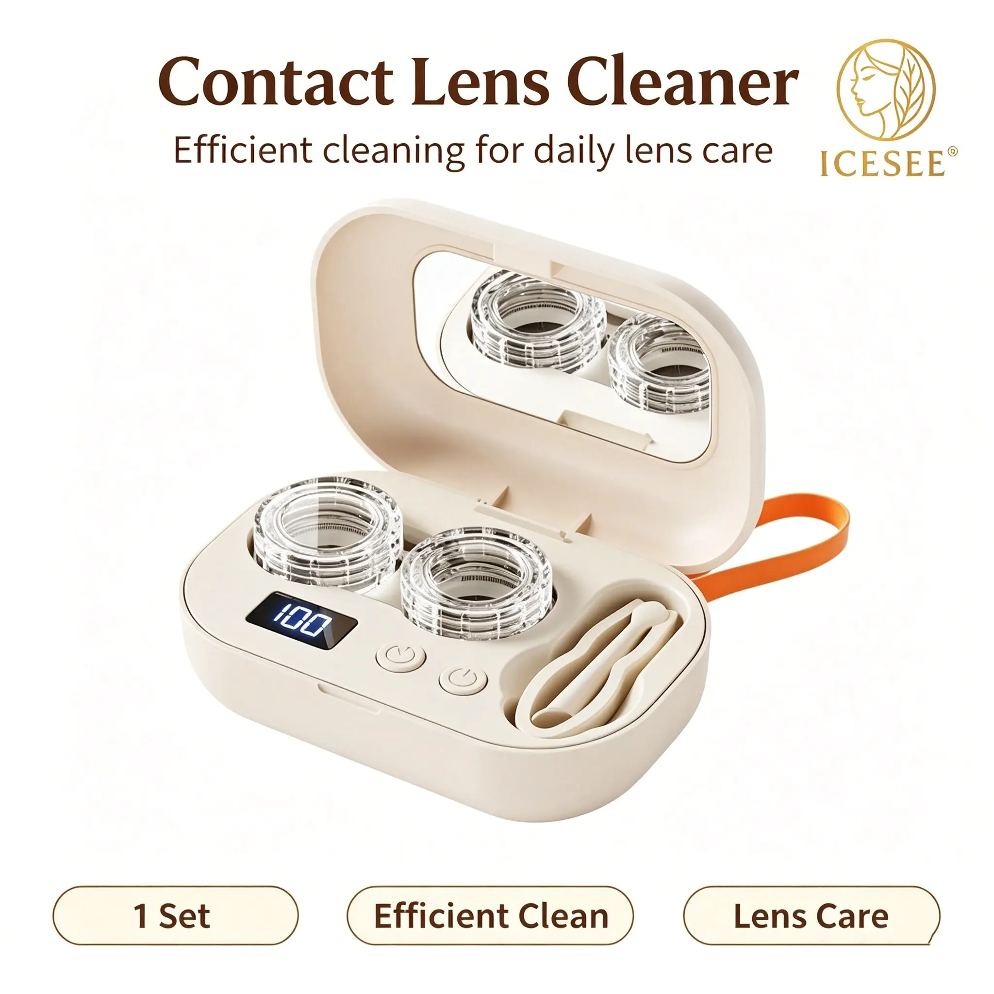 Ultrasonic Contact Lens Cleaner for Daily Deep Clean, Portable Leak Proof Storage Case & Kit with Built-in Mirror