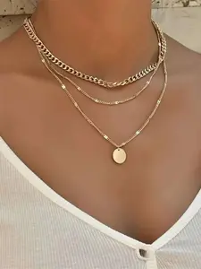 Women's Summer 2024 Plain Round Decor Layered Necklace, Dainty Layering Jewelry, Minimalist Elegant Boho Style Geometric & Chain Design Layer Set Necklace, Fashion All-match Necklace
