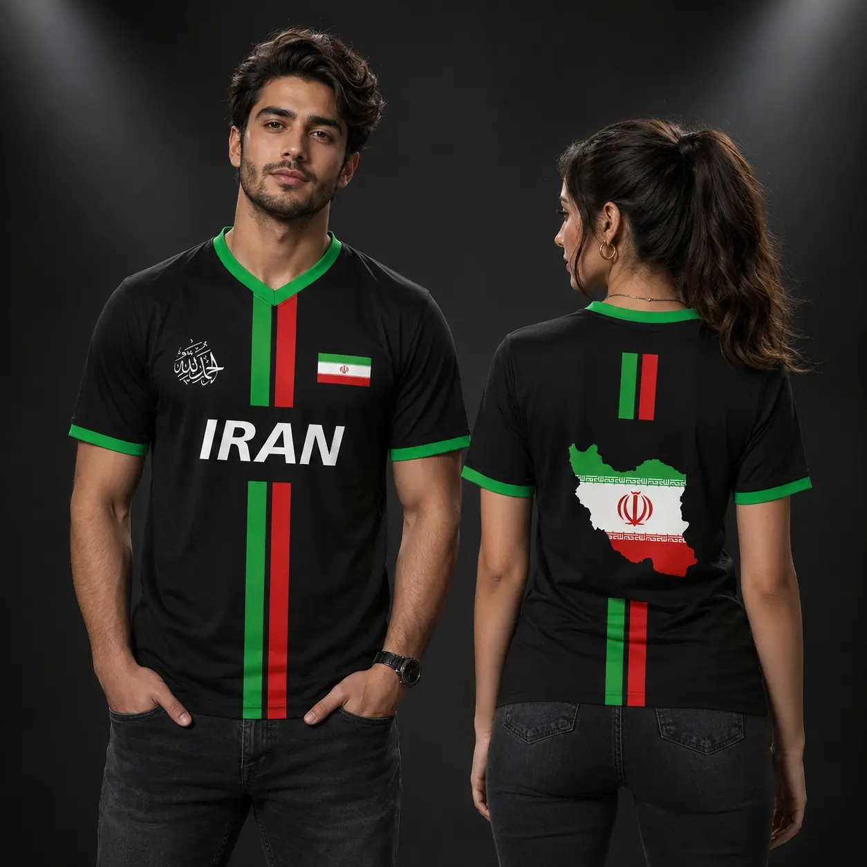 Iran Inspired Black Soccer Jersey, Red Green Flag Colors Sports Shirt, Persian Pride Football Style Tee, Gift for Men Women