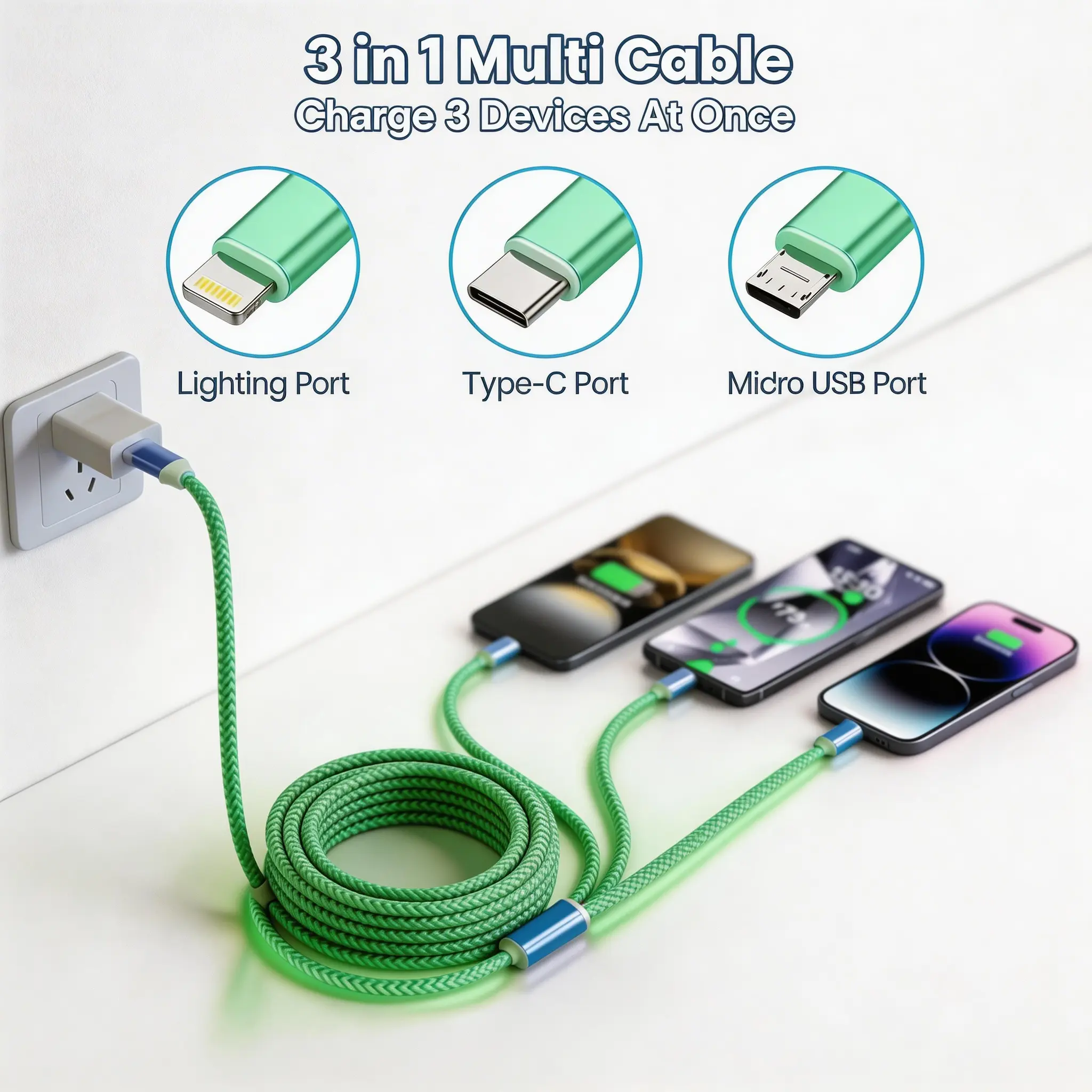 Racktodoor 47in 3-in-1 LED all in one cable durable data cable| USB-A to Type C, Micro, Lightning charger for iPhone 17 16, Samsung, Android |fast charger cord，mobile phone charger and sync cable