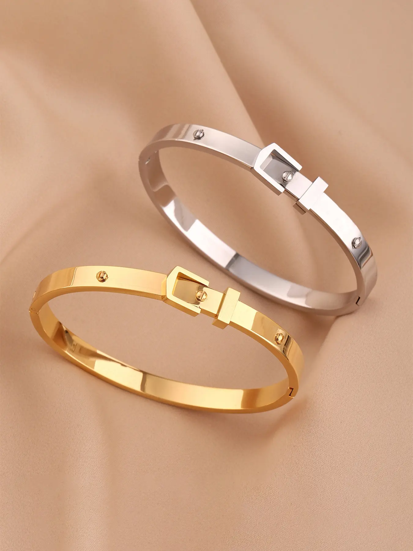 Fashion Personalized Belt Buckle Design Open Bracelet for Women Geometric Electroplating Titanium Steel Jewelry Accessories Gift