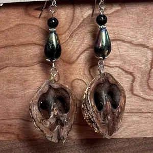 Black Walnut Shell Earrings with Gold Leaf Handmade and Repurposed Beads