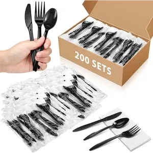 200 Set 800 count Plastic Silverware Sets Individually Wrapped Plastic Utensils Cutlery Bulk Disposable  Fork Spoon Napkin Kit for Lounge Wedding Picnic BBQ Camping Party Accessories (Black)