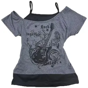 Women's 2 in 1 Notes & Guitar Print Halter TeeY2k Casual Top for Summer Ladies Clothes for Daily Wear Grey Black
