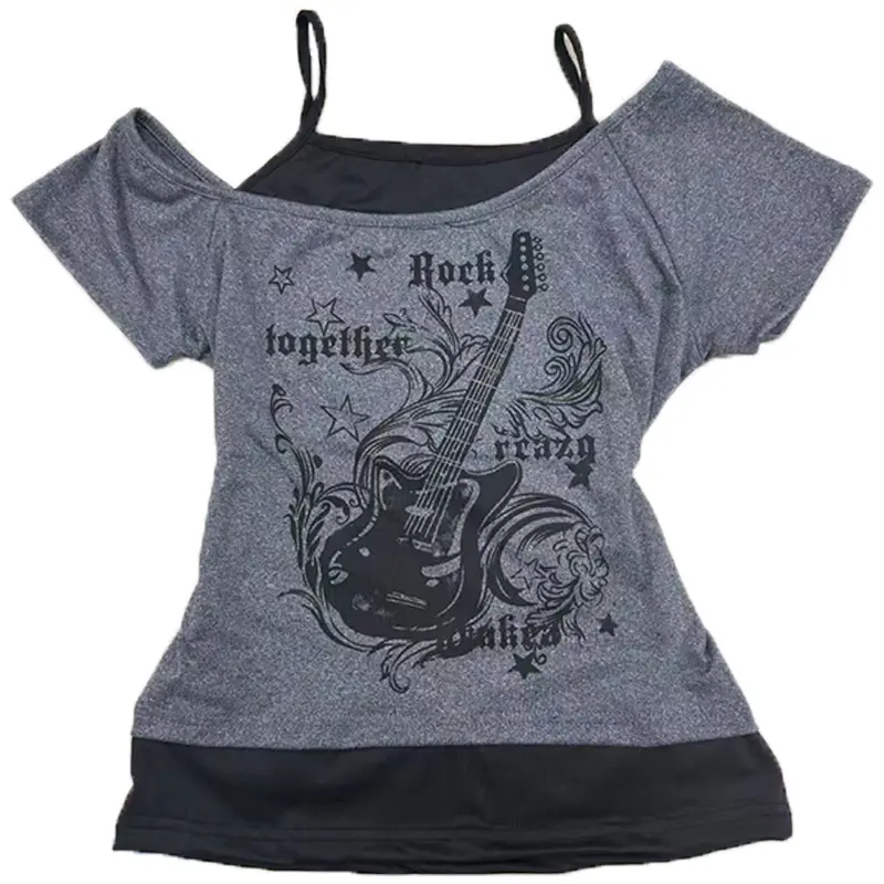 Women's 2 in 1 Notes & Guitar Print Halter TeeY2k Casual Top for Summer Ladies Clothes for Daily Wear Grey Black Outfit Girl