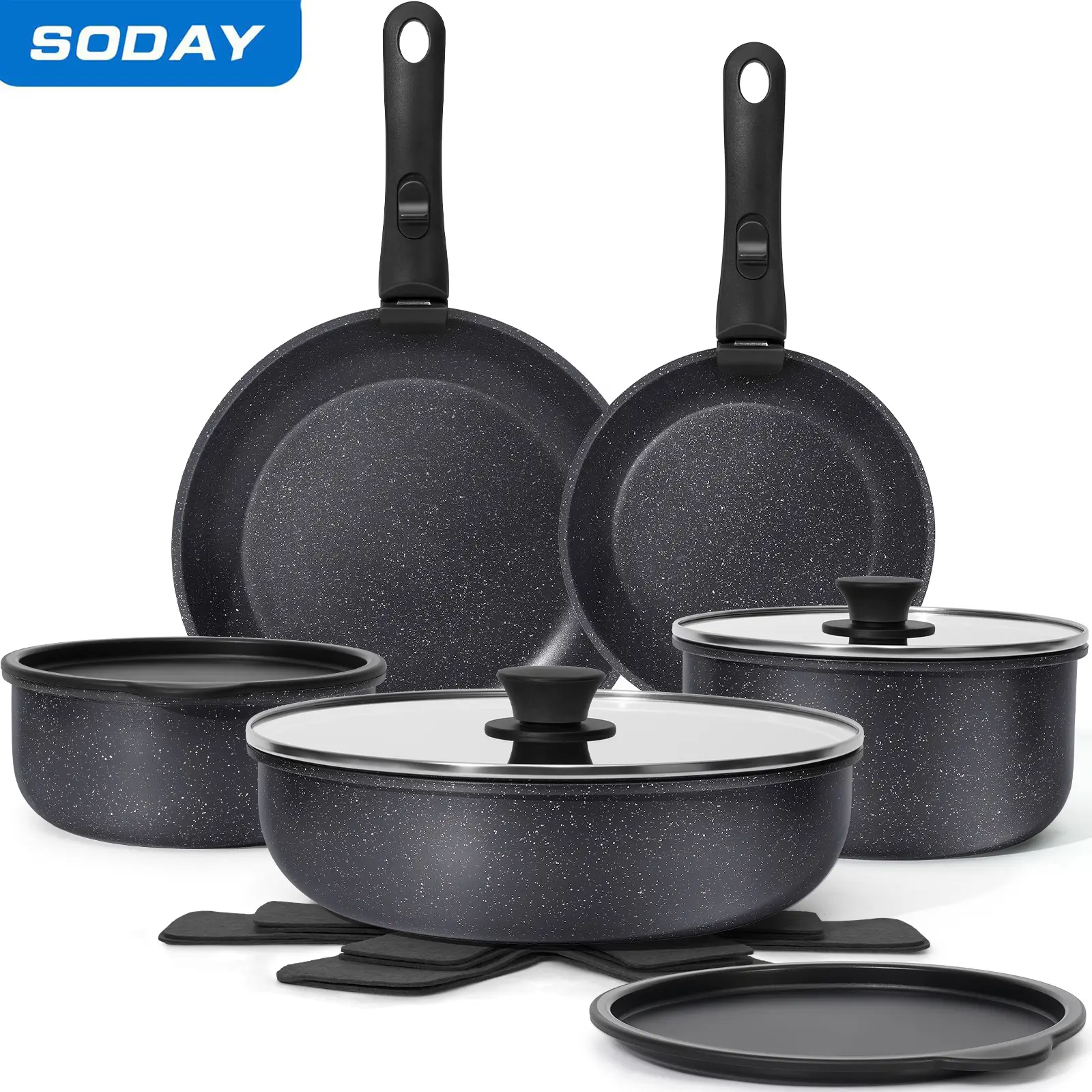SODAY New 15pcs Detachable Handle Nonstick Cookware Set,Black/White, Pots and Pans, Oven safe Frying Pan, Dishwasher Safe,Kitchenware,stock up on specials,sohochic,stockup