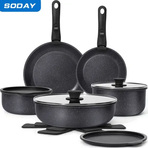 SODAY New 15-Piece Detachable Handles Nonstick Cookware Set - Black/White, Oil-Resistant, Induction-Compatible, Compact, Oven-Safe, Dishwasher-Safe Pots and Pans, Anti-Adhesive ,Thanksgiving, Black Friday,gift