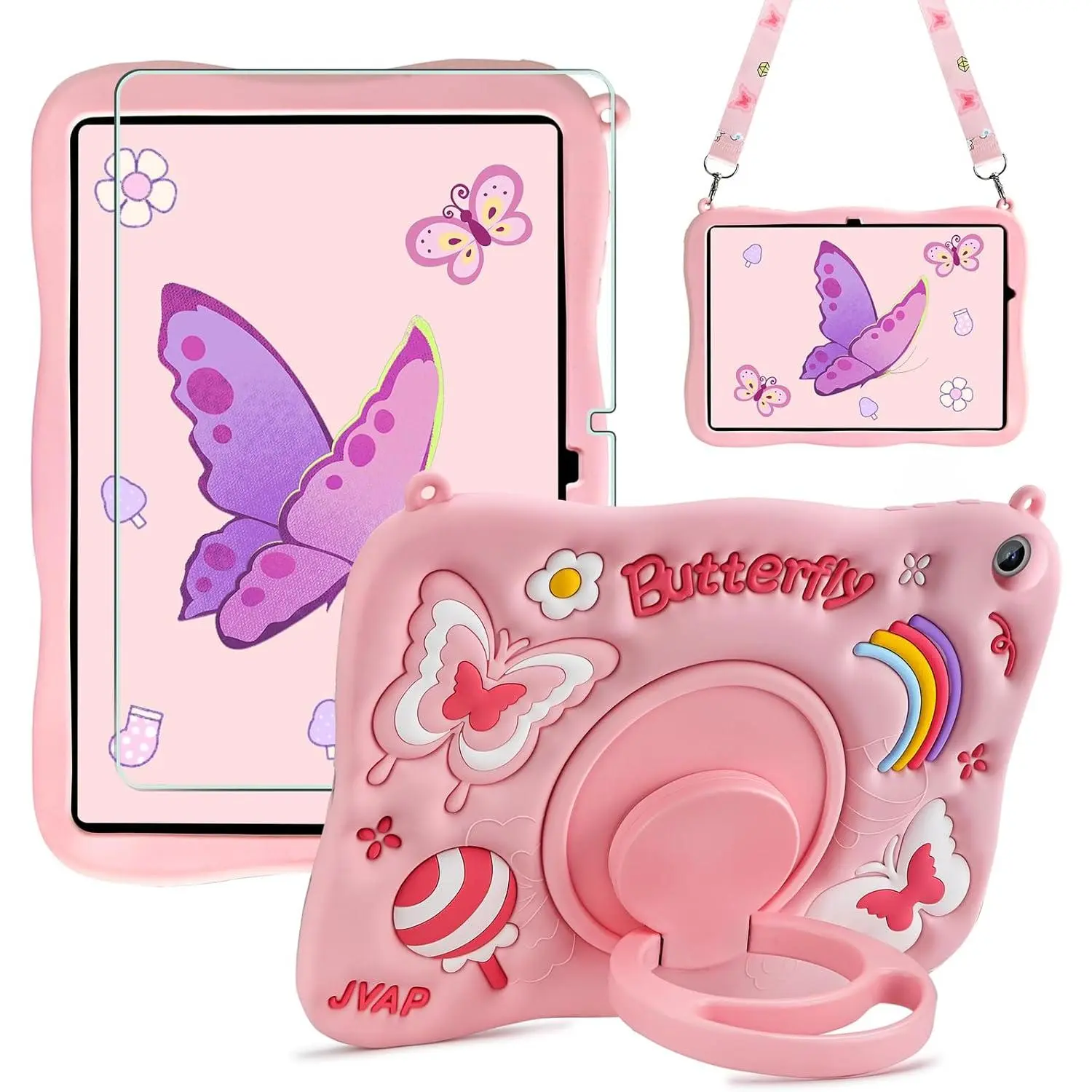 Kids-Targeted Galaxy Tab A9 Plus 11in 2023 Tablet Casing - Tempered Screen Protector, Silicone Shockproof Cover, Pink Butterfly Design, Folding Kickstand, Shoulder Strap Electronics Accessories