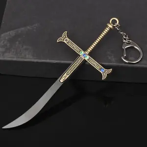 Anime One Piece Seven Warlords of the Sea Hawk Eye Great Sword Keychain, Blade Night Pendant, Cross Knife Keyring Durable