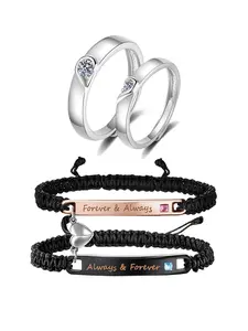 Couple Matching Set: Heart zircon rings & unisex braided bracelets engraved “Forever Always”. Zircon rings for lovers and newlyweds. Romantic commitment gift for Valentine’s Day, anniversaries, Christmas & long-distance couples, lovely gift for her.
