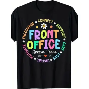 Women's Cotton Short-Sleeve Fitted Casual Tshirt - Retro Receptionist Graphic Print, Front Desk Motivational Words (Connect, Support, Encourage), Round Neck Clothes for Office, School