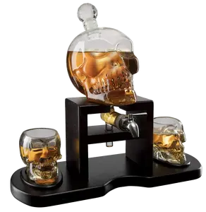 Skull Skeleton Wine & Whiskey Decanter Set 750 mL With 2 Skull 3oz Skeletons Shot Glasses + Mahogany Wooden Base & Pouring Spigot Decor Glass, Goth Spooky Drinking Glassware The Wine Savant