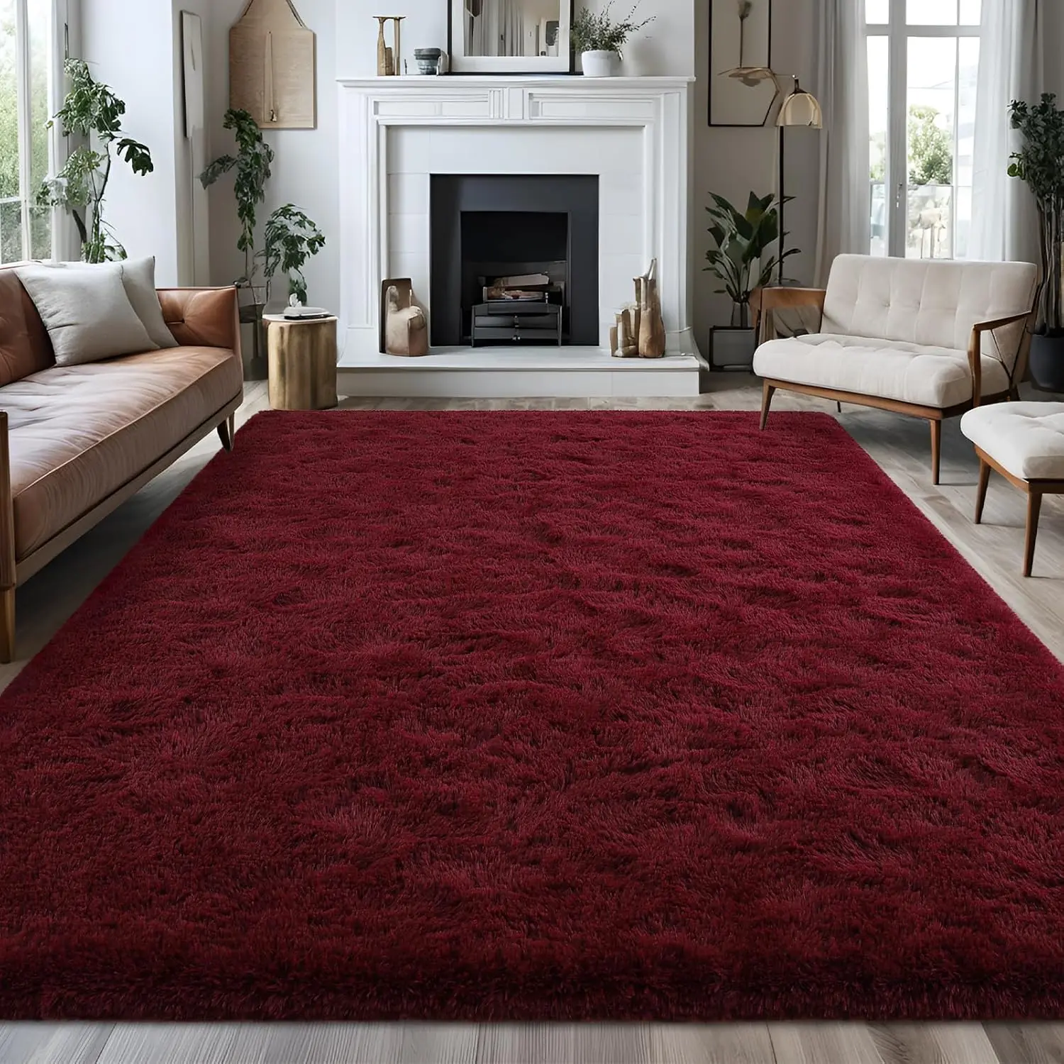 Burgundy Area Rugs for Living Room, Ultra Soft Fluffy Shag Rugs for Bedroom, Non-Slip Fuzzy Plush Rug Indoor Floor Carpet For Room, Dorms, Playroom, Modern Home Decor