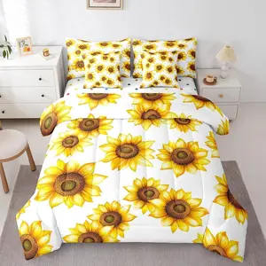 Sunflower 7 Pieces Bedding Set,3D Floral Botanical Comforter Set,Yellow Flowers Quilt Pastoral Sunflower Garden Theme Bed in A Bag with Flat and Fitted Sheet White