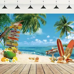 Tropical Hawaiian Beach Party Backdrop with Surfboards and Palm Trees, Perfect for Birthdays Weddings and Summer Celebrations
