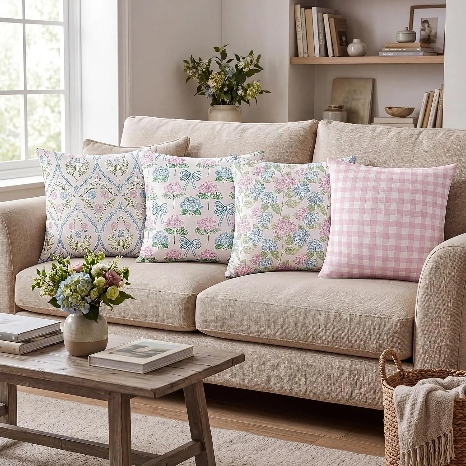 Pink Series Set of 4 Pink Flower Pillowcases 18 x 18 inches Millennium Hydrangea Pattern Pillow Cover Summer Hydrangea Decorative Sofa Spring Summer Outdoor, Indoor Living Room, Bedroom